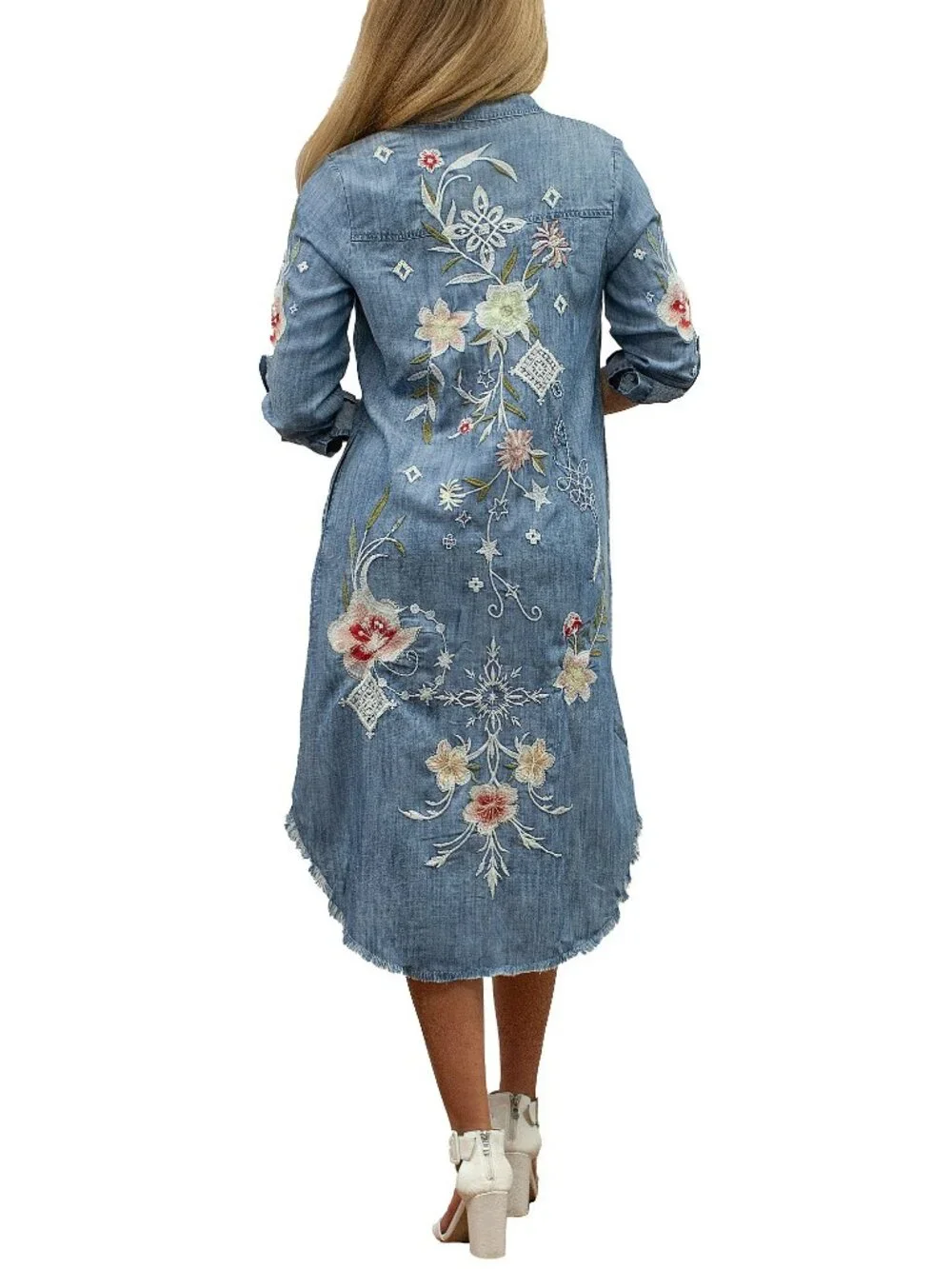 Karyn Seo Floral Embroidered Long Sleeve Button Front Denim Dress - Picture 1 of 5